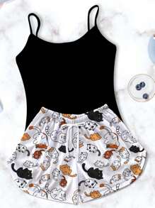 Pijama Feminino Preto Baby Doll De Alcinha Gatinho Colorido - Preto - Visão 1