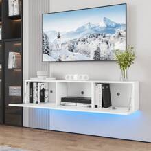 JOYSOURCE Floating TV Stand With LED For 60 65 70in TV, Glossy Wall Mounted Modern Entertainment Center With Storage, White