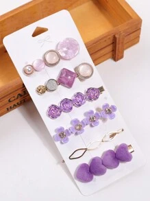 6个仿珍珠心形发夹，饰以玫瑰花，优雅情人节爪夹，发卡，学生用品，珍珠发饰，头部饰品，发夹 - 紫色 - 查看 2