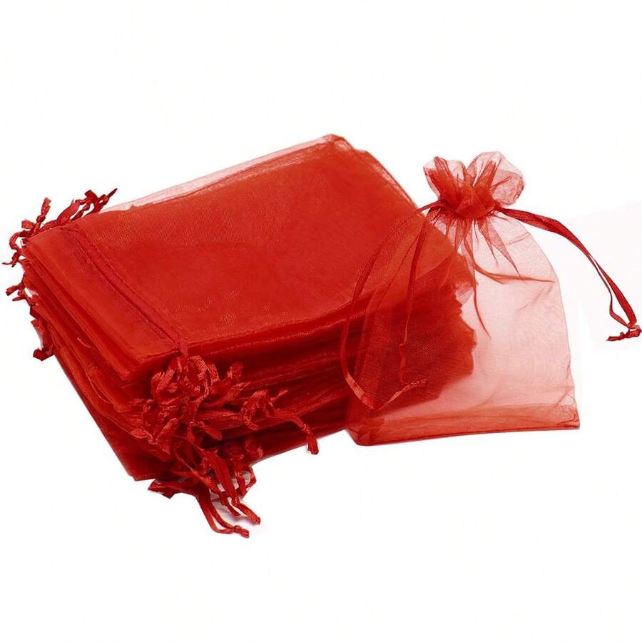 50pcs Organza Mesh Bags Small Drawstring Mesh Jewelry Candy Pouches Wedding Party Baby Shower Favor Gift Bags - Red - View 1