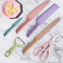 Ensemble de 6 pièces Macaron Couleur Paille de blé Six pièces Ensemble d'outils de coupe Ensemble de couteaux ménagers en acier inoxydable Coffret cadeau de jeu de couteaux de cuisine