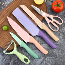 Ensemble de 6 pièces Macaron Couleur Paille de blé Six pièces Ensemble d'outils de coupe Ensemble de couteaux ménagers en acier inoxydable Coffret cadeau de jeu de couteaux de cuisine
