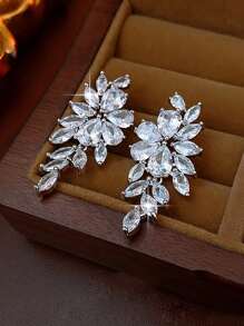 1pair Luxury Flower Cubic Dangle Earrings For Women Bridal Wedding Jewelry Gift For Female Girlfriend Elegant Party. Valentine's Day Accessories