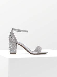Women Chunky High Heeled Sandals, Elegant Rhinestone Open Toe Ankle Strap Party Prom Pump Heeled Sandals - Silver - View 5