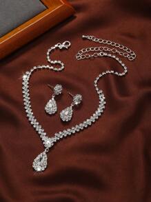 Juego De Cadena De Garras De Moda Y Lujoso Con Decoración De Pedrería, Complementos Nupciales De Collar Y Aretes, Adecuado Para Usar En Bodas De Mujeres - Plateado - Ver 5
