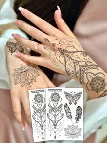2張曼陀羅花紋臨時紋身貼紙，女孩專屬花邊蓮花山雀紋身花紋，防水臨時紋身貼紙，適用於手臂、頸部、手背、手指、背部等，用於婚禮、音樂節和派對裝飾 - 黑色 - 查看 1