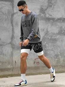 KOVSEE Quần short thể thao bóng rổ phong cách Mỹ dành cho nam Boyfriend Style với thiết kế vải lưới ngọn lửa hai lớp, thoáng khí, dài đến đầu gối, thời trang đường phố cho phòng tập thể dục và trang phục thường ngày Quần short màu đen - màu đen - Xem 5