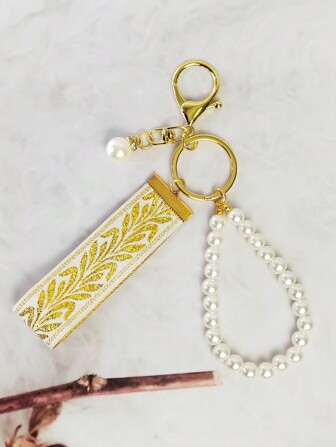 1pc Faux Pearl Keychain Silver Leaf Jacquard Keychain Women's Exquisite Bag Pendant Keychain Women's Fashion Ribbon Keychain Universal Keychain Women's Fashion Keychain School Supplies Teacher Gifts Back To School Teacher Accessories