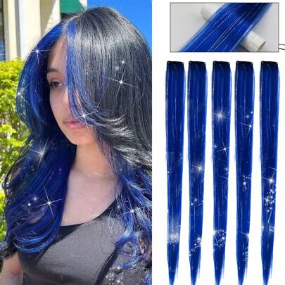 5pcs/Pack Colorful Glitter Clip-In Hair Extensions, Multi-Color Party Highlights Clip-On Straight Synthetic Hair Extensions, Suitable For Women And Girls