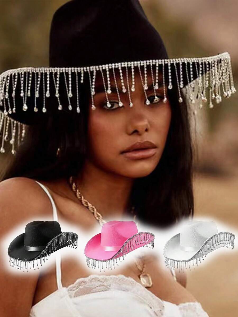 1頂女士鑲鑽吊墜高級舞會千禧年帽,適合y2k音樂節、西部牛仔帽、騎士帽、休閒海灘、派對和舞會。 - 吊墜 - 查看 1