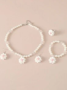 1pc Necklace, 1pc Bracelet, 1pc Ring, 1pair Earrings Set With Sweet Faux Pearl Flower Pendant, Children's 4pcs Jewelry Set