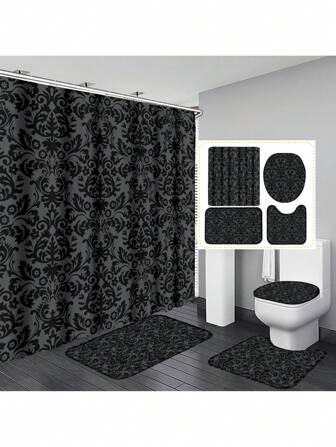 1pc/4pcs Waterproof Baroque Style Background Multipurpose Decorative Shower Curtain With 12 Hooks, Non-Slip Bath Mat, U-Shaped Mat And Round Toilet Lid Cover Bathroom Set For All Scenarios Home Bathroom Decor Fall Decor Bathroom Accessories Back To School