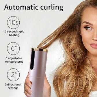 電池式自動捲髮棒，陶瓷旋轉式捲髮器，備有6種溫度和時間設定，可攜帶式充電式捲髮棒，具有自動關機和快速加熱功能，適用於造型