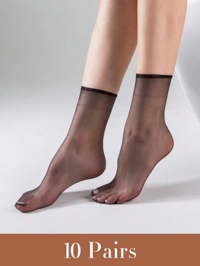 10 Pairs Women Extra Thin And Transparent Invisible Silk Short Socks, Ankle Socks, Mid-Calf Socks, Over-The-Knee Socks, Fall