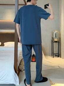 男士短袖上衣长裤睡衣套装，透气吸汗，春夏秋冬家居服。 - 灰色 - 查看 3