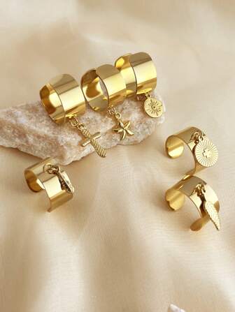 1pc Stainless Steel Open Ring With 18k Gold Plated Starfish & Feather Pendant - No Fading, Elegant, Beach Element, Chic Women's Jewelry, Ideal For Summer And Couple's Accessory