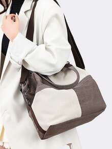 Canvas Women's Bag Vintage Contrast Color Shoulder, Commuter, Casual, Tote, Crossbody And Handbag - Grey - View 2