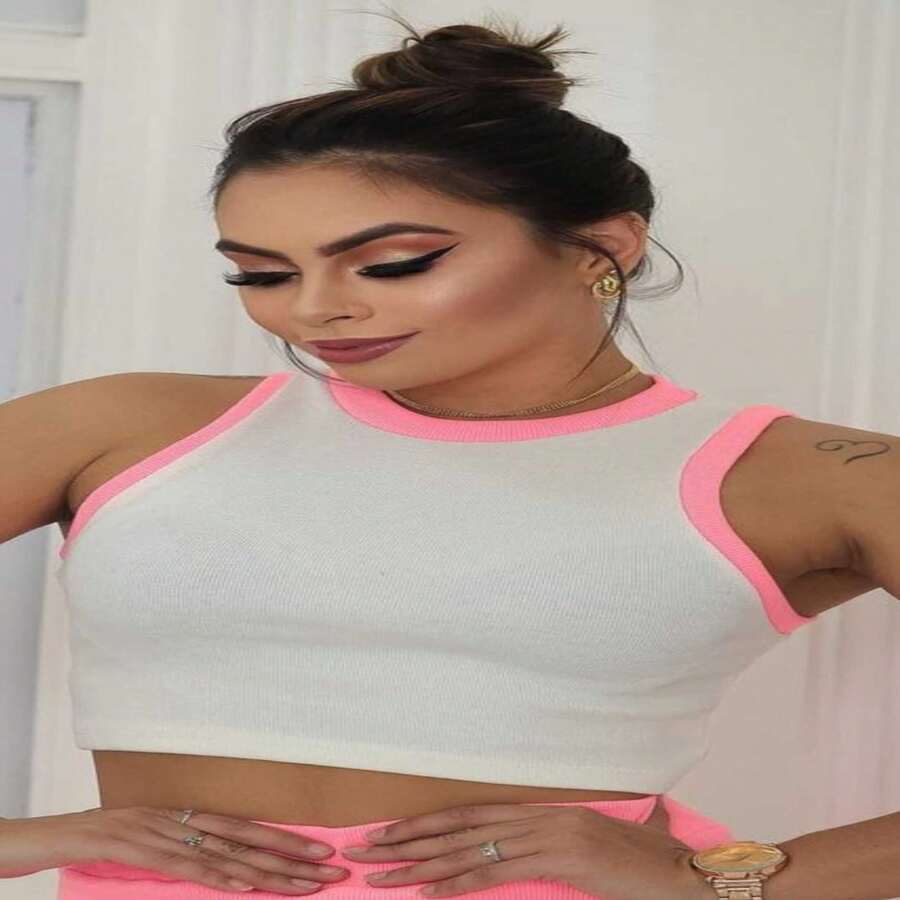 Cropped em Ribana Bicolor blusinha regata leve moda feminina. - Rosa chiclete - Visão 1