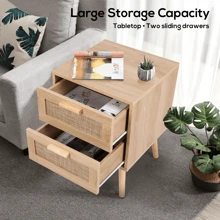 VOWNER 2PCS Rattan Nightstand, Side Table With 2 Hand Made Rattan Decorated Drawers, Wood Accent Table With Storage For Bedroom, Natural Oak - Natural Oak - 查看 4