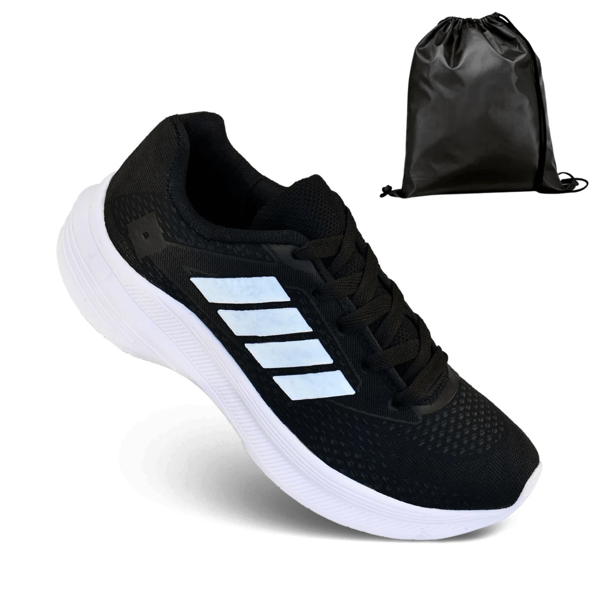 Tenis Esportivo Casual + Mochila Academia Corrida-Treino Caminhada Leve Confortavel - Preto e Branco - Visão 1