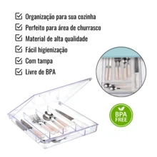 Organizador De Gavetas Porta Talheres Com 5 Divisórias C/ Tampa - Prata - Visão 4