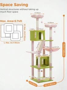 PAWZ Road Flower Cat Tree, 70.9" Tall Cat Tree For Indoor Cats, Large Cat Tree For Big Cats, Multi-Level Tall Cat Tower With 6 Scratching Posts, 2 Cat Houses, 2 Resting Areas, Large Hammock, Pompoms - Berwarna merah muda - View 5