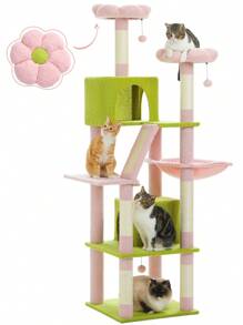 PAWZ Road Flower Cat Tree, 70.9" Tall Cat Tree For Indoor Cats, Large Cat Tree For Big Cats, Multi-Level Tall Cat Tower With 6 Scratching Posts, 2 Cat Houses, 2 Resting Areas, Large Hammock, Pompoms - Berwarna merah muda - View 1