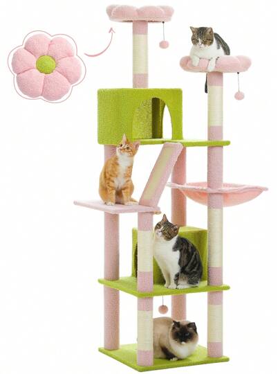 PAWZ Road Flower Cat Tree, 70.9" Tall Cat Tree For Indoor Cats, Large Cat Tree For Big Cats, Multi-Level Tall Cat Tower With 6 Scratching Posts, 2 Cat Houses, 2 Resting Areas, Large Hammock, Pompoms