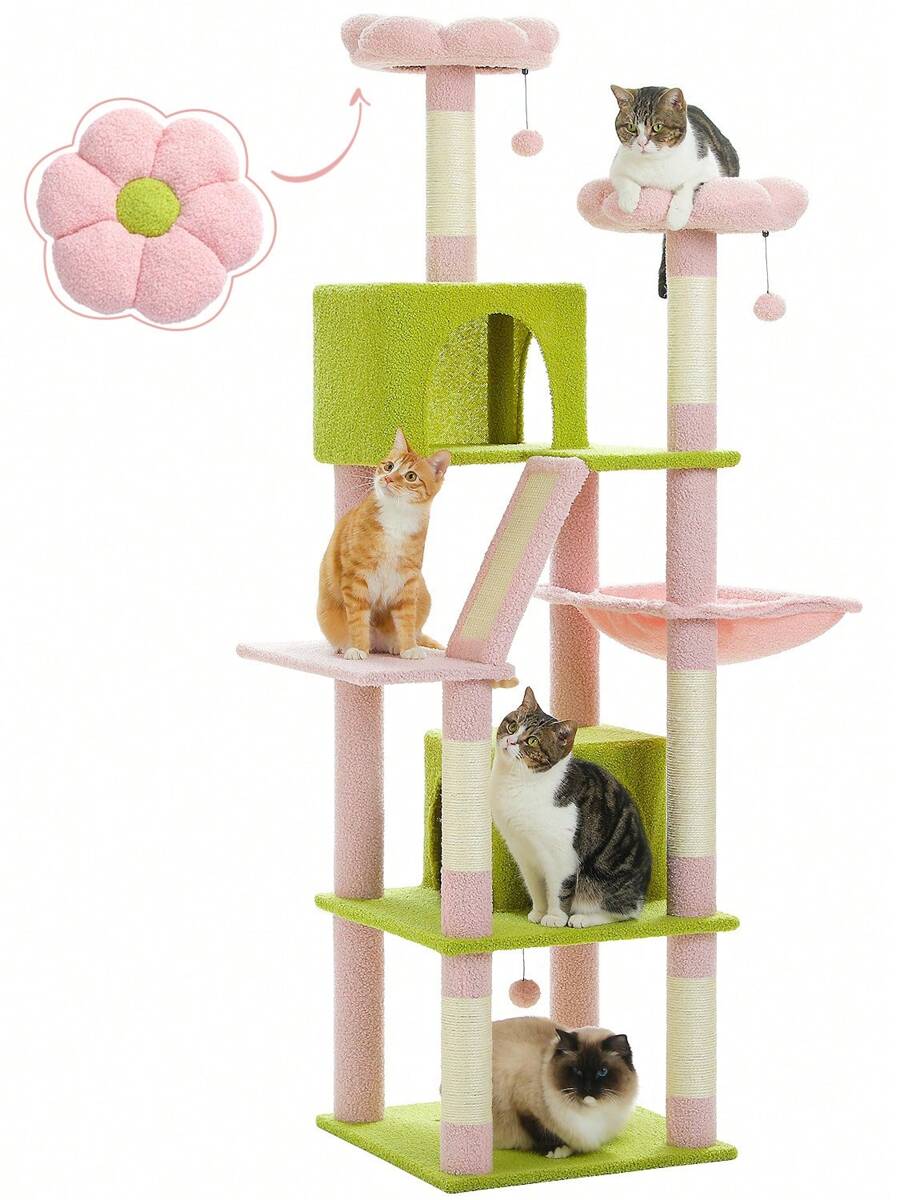 PAWZ Road Flower Cat Tree, 70.9" Tall Cat Tree For Indoor Cats, Large Cat Tree For Big Cats, Multi-Level Tall Cat Tower With 6 Scratching Posts, 2 Cat Houses, 2 Resting Areas, Large Hammock, Pompoms - Berwarna merah muda - View 1