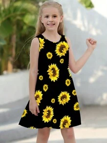 Young Girl Sunflower Print Sleeveless Dress Loose Fit And Comfortable Round Neck Summer Dress Kids Clothes