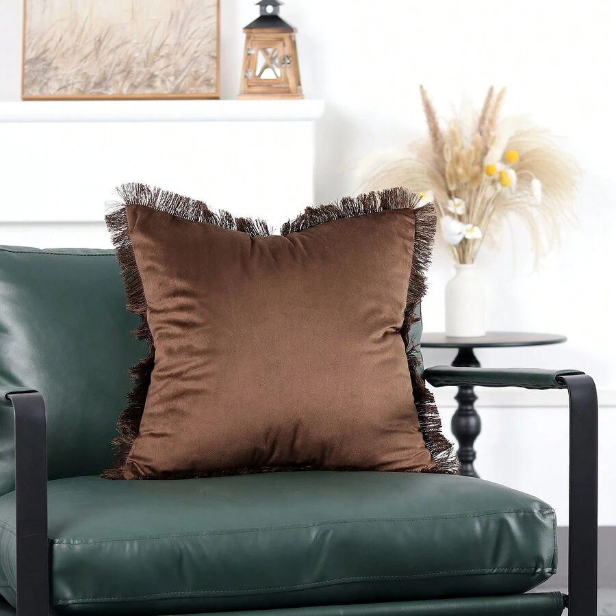1 Vỏ gối vuông trang trí bằng sợi polyester phong cách hiện đại, Vỏ đệm tua rua cho giường, Trang trí nội thất phòng khách, Không bao gồm lõi gối, Màu nâu - màu nâu - Xem 1