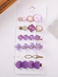6个仿珍珠心形发夹，饰以玫瑰花，优雅情人节爪夹，发卡，学生用品，珍珠发饰，头部饰品，发夹 - 紫色 - 查看 4
