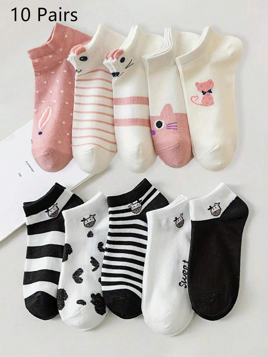 10雙女生可愛卡通貓設計和黑白奶牛印花簡約日常襪子,粉色