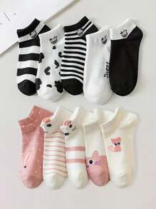 10雙女生可愛卡通貓設計和黑白奶牛印花簡約日常襪子,粉色