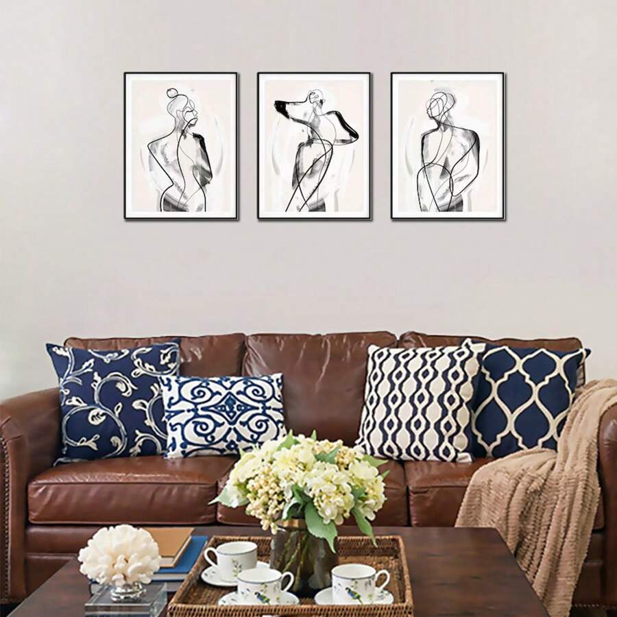 3pcs/Set Fashion Sketch Modern Line Drawing Wall Art, Contemporary Abstract Figure Painting