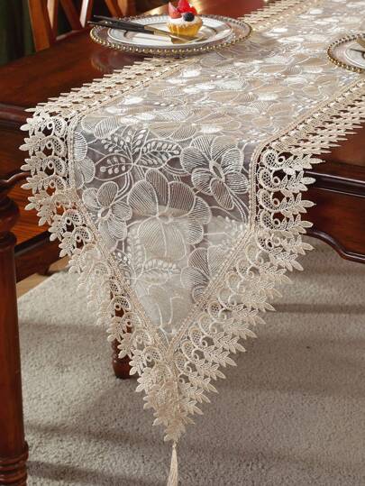 100% 涤纶面料，全刺绣卡其色桌旗，精湛刺绣工艺，餐桌旗，家居装饰，节日装饰，四季皆宜，派对及婚礼装饰，1 件装桌旗