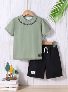 Young Boy Summer Casual Letter Print Short Sleeve T-Shirt And Shorts