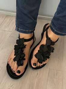 Sandalia Dama Mujer Huarache Pata de Gallo Negra Flores  con Broche y Agarre de  Talonera Baja Economica Tallas 22 a 27 (24) - Negro - Ver 1
