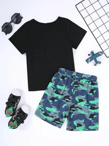 Jungen Sommer Casual Brief Print Kurzarm T-Shirt und Tarnung Shorts Set - Schwarz - Übersicht 2