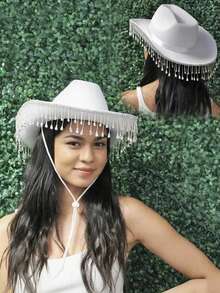 1頂女士鑲鑽吊墜高級舞會千禧年帽,適合y2k音樂節、西部牛仔帽、騎士帽、休閒海灘、派對和舞會。 - 吊墜 - 查看 2