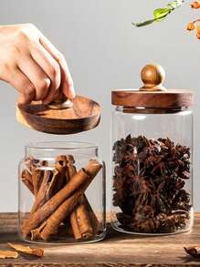جرة تخزين خشبية زجاجية للمطبخ، جرار القهوة الزجاجية، علبة تخزين شفافة بغطاء خشبي جولة جرة طعام زجاجية لصندوق تخزين الطعام السكر الشاي البن البهارات جوز