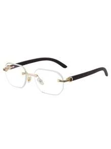 1 Pair Diamond-Edge Frameless Fashion Glasses For Men, Vintage Faux Wooden Temple Legs, Suitable For Everyday Wear, Outdoor, Driving, UV Protection