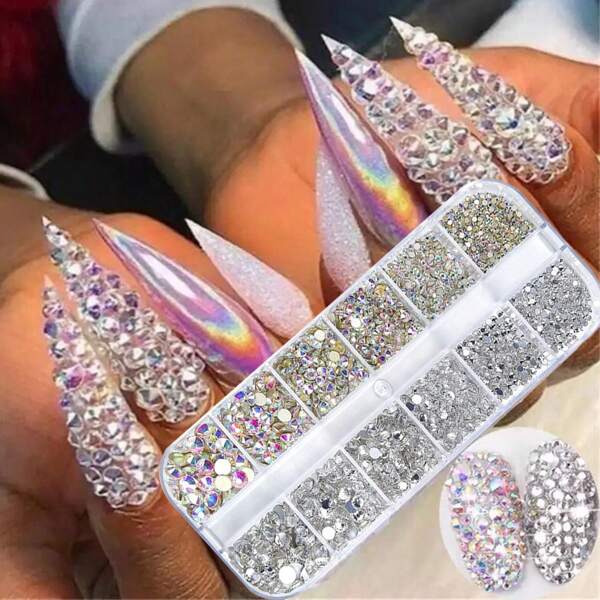1840pcs/Box European And American Style Rhinestone Nail Art Decorations, Mixed Flat Back Ab Color Transparent Nail Rhinestones In Various Sizes European-Style DIY Nail Rhinestone Decoration, Nail Rhinestone Fake Nail Decoration Accessories Nail Charms Nail Supplies Nail Gems