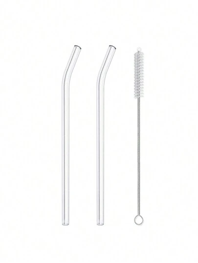透明ガラス製ストロー2個セット クリーニングブラシ付、飲み物・コーヒー用、学用品、クリスマスギフト