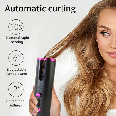 自動捲髮器，無線自動捲髮棒，帶有6個溫度和定時器的陶瓷旋轉捲髮器，可充電攜帶式捲髮棒，自動關機，快速加熱造型用燙鐵