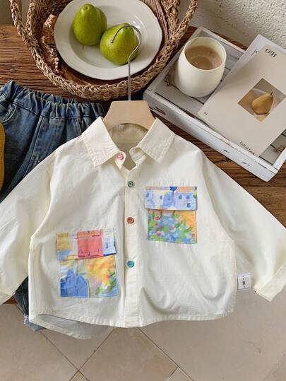 少年春夏彩色鈕扣畫口袋休閒襯衫