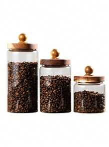 جرة تخزين خشبية زجاجية للمطبخ، جرار القهوة الزجاجية، علبة تخزين شفافة بغطاء خشبي جولة جرة طعام زجاجية لصندوق تخزين الطعام السكر الشاي البن البهارات جوز