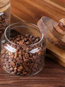 جرة تخزين خشبية زجاجية للمطبخ، جرار القهوة الزجاجية، علبة تخزين شفافة بغطاء خشبي جولة جرة طعام زجاجية لصندوق تخزين الطعام السكر الشاي البن البهارات جوز