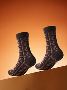 1 par de calcetines unisex hasta el tobillo con diseño de patrón de chocolate oscuro único, calcetines creativos de regalo, cómodos y transpirables, adecuados para reuniones festivas, uso casual en el hogar, cumpleaños de parejas, todo el año