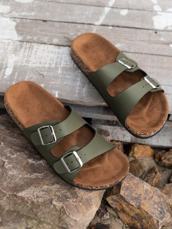 Fashionable Buckle Design Flat Slippers, Summer Holiday Style Unisex Outdoor Leisure Beach Sandals